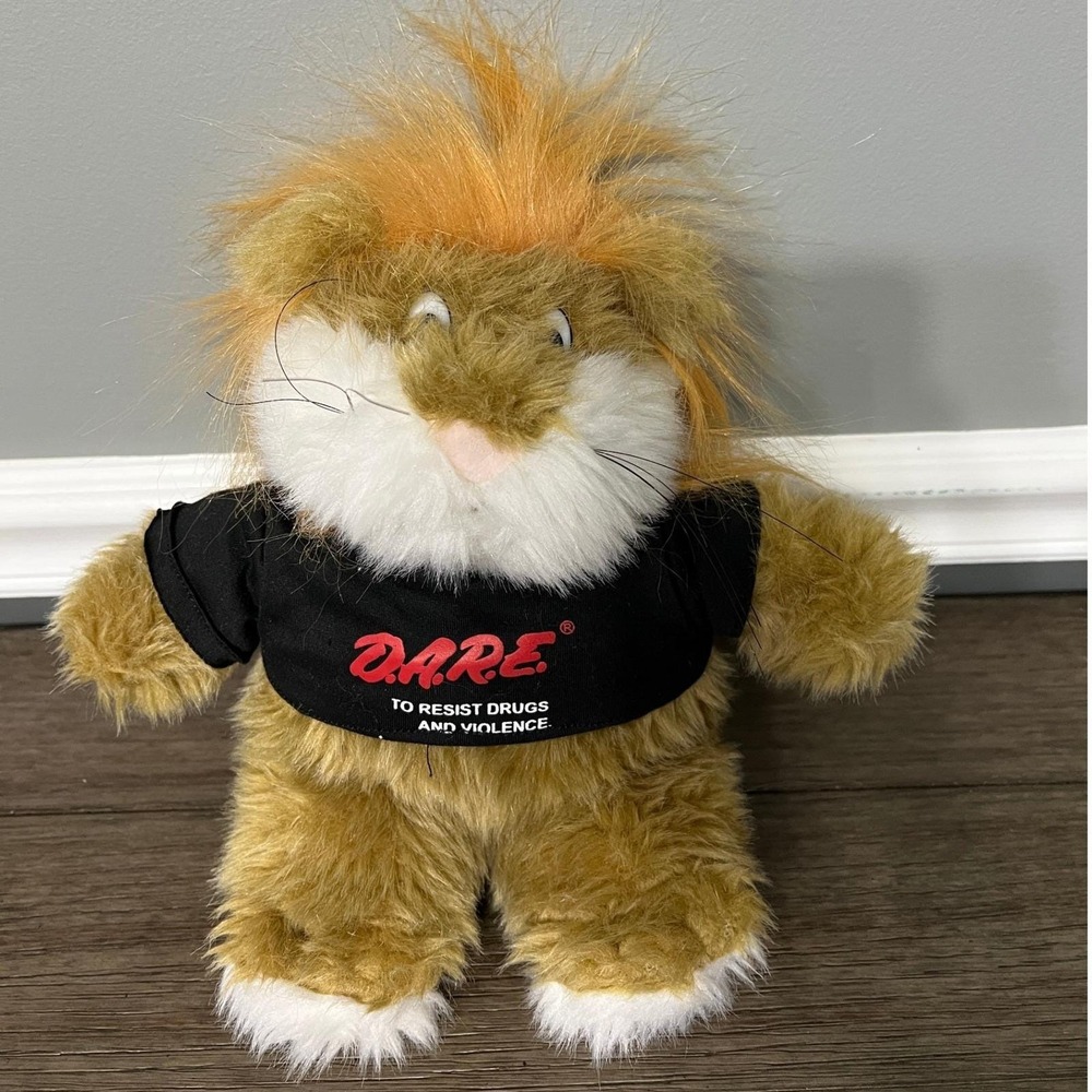 Vintage 90s DARE America Daren The Lion Plush Stuffed Toy Lion Black Shirt Retro